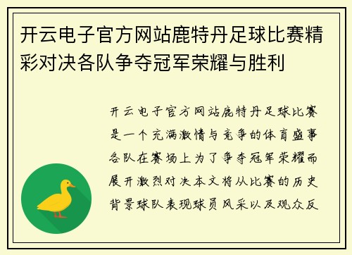 开云电子官方网站鹿特丹足球比赛精彩对决各队争夺冠军荣耀与胜利
